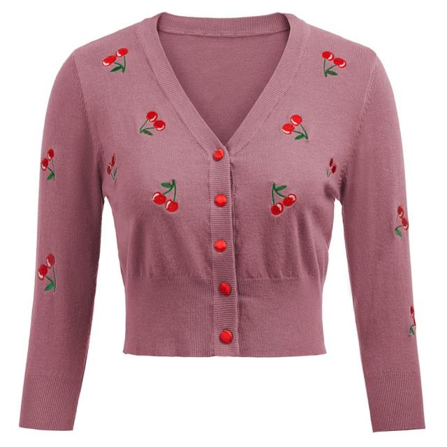 Women Vintage Jackets Cardigans  Autumn Spring Womens Cherries Embroidery 3/4 Sleeve V-Neck Cropped Knitting Coat Knitwear