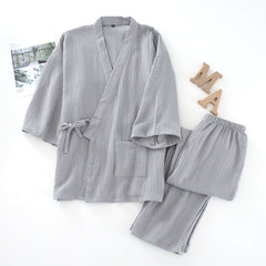 Men and Women 100% Cotton Pajamas Plus Size Loose Bathrobes V-Neck Kimono Pijama Mujer Three Quarter Sleepwear Couple Sleepwear