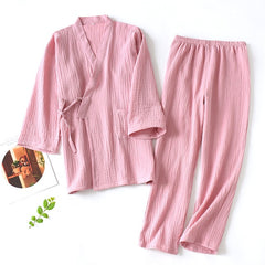 Men and Women 100% Cotton Pajamas Plus Size Loose Bathrobes V-Neck Kimono Pijama Mujer Three Quarter Sleepwear Couple Sleepwear