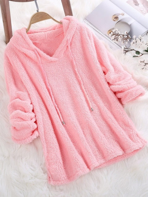 Women Long Sleeve Plush Hoodies Lady Autumn Winter Warm Solid Fluffy Hoody Flannel Pullover Pajama Loose Hooded Sweatshirts Top