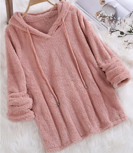 Women Long Sleeve Plush Hoodies Lady Autumn Winter Warm Solid Fluffy Hoody Flannel Pullover Pajama Loose Hooded Sweatshirts Top