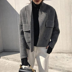 Lizakosht Autumn Winter Korea Fashion Women Loose Short Jacket Thicken Plaid Woolen Coats Double Pocket Cardigan Vintage Coat S218