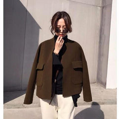 Lizakosht Autumn Winter Korea Fashion Women Loose Short Jacket Thicken Plaid Woolen Coats Double Pocket Cardigan Vintage Coat S218