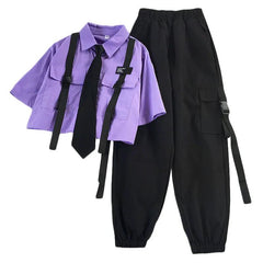 Lizakosht Autumn Streetwear Pants High-Waist Straight Ribbon Cargo Pants Student Loose Short-Sleeved Shirt with Tie two-piece Set