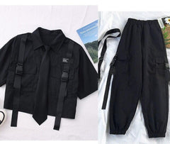 Lizakosht Autumn Streetwear Pants High-Waist Straight Ribbon Cargo Pants Student Loose Short-Sleeved Shirt with Tie two-piece Set