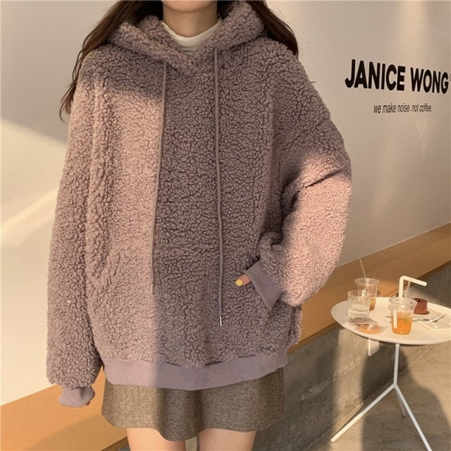QRWR 2021  Women Hoodie Korean Style Winter Casual Cute Kawaii Warm Sweatshirt Loose Female Pocket Oversized Hoodies for Girls