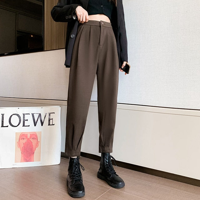 Autumn Winter Women's Pants Casual Streetwear Loose High Waist Harem Pants Female Solid Woolen Black Brown Trousers Thin Legs