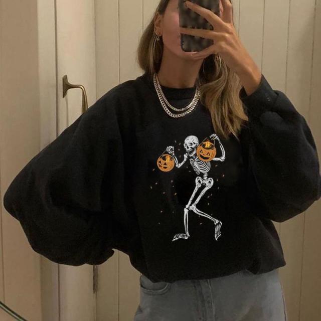 New Halloween Pumpkin Cat Printed Sweatshirt Skeleton Print Women Hoodies Spring Fall Long Sleeve Sweatshirt Streetwear