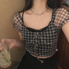 Lizakosht Summer New Plaid Blouse Women Retro Square Collar Shirt Casual Lace Chiffon Puff Sleeve Crop Tops Female Korea Clothing