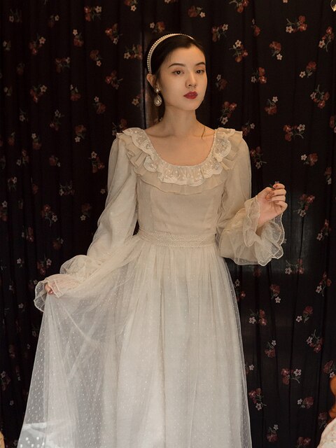 Sweet Lace Fairy Dress For Slim Lady Vintage Mori Girl Flare Sleeve Retro Princess Clothes Women Vestido De Mujer Elegantes