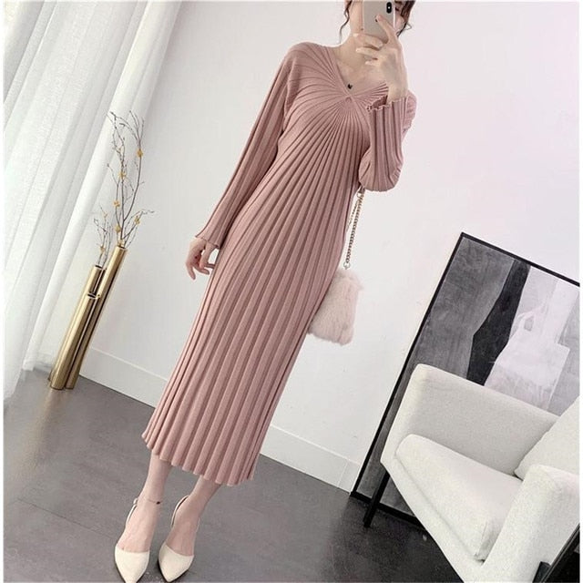 Fashion Designer Pleated Knitted Dress Elegant Women Sweater long Dresses Pullovers Black Long Sleeve Autumn Vestido 2021