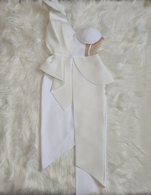 New Summer Fashion Women Bodycon Dress One Shoulder Bow Mesh Ruffle Sleeveless Bandage Dress Celebrity Party Evening Sexy