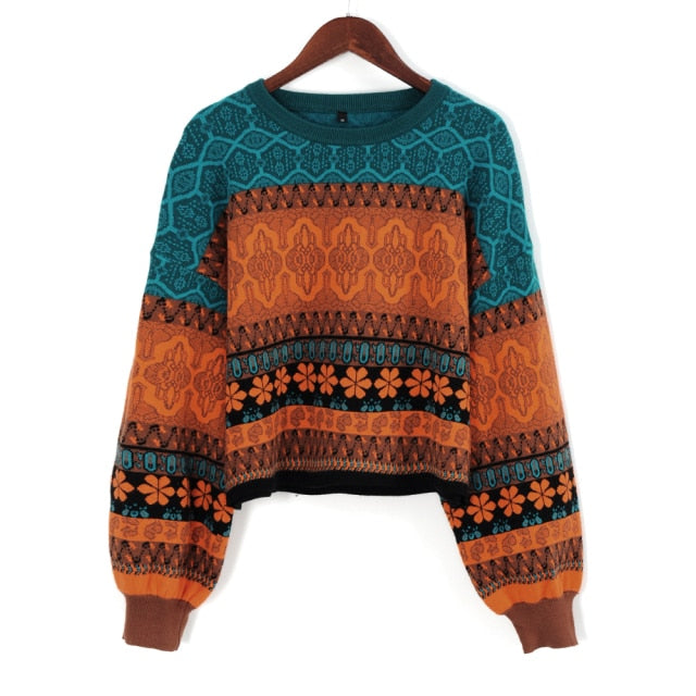 Woman Short Sweater Retro Chic Splicing Color Winter Young Girls Warm Clothing Knitted Flower Pattern Pullover For Women