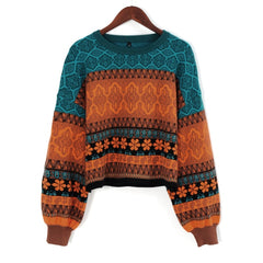 Woman Short Sweater Retro Chic Splicing Color Winter Young Girls Warm Clothing Knitted Flower Pattern Pullover For Women