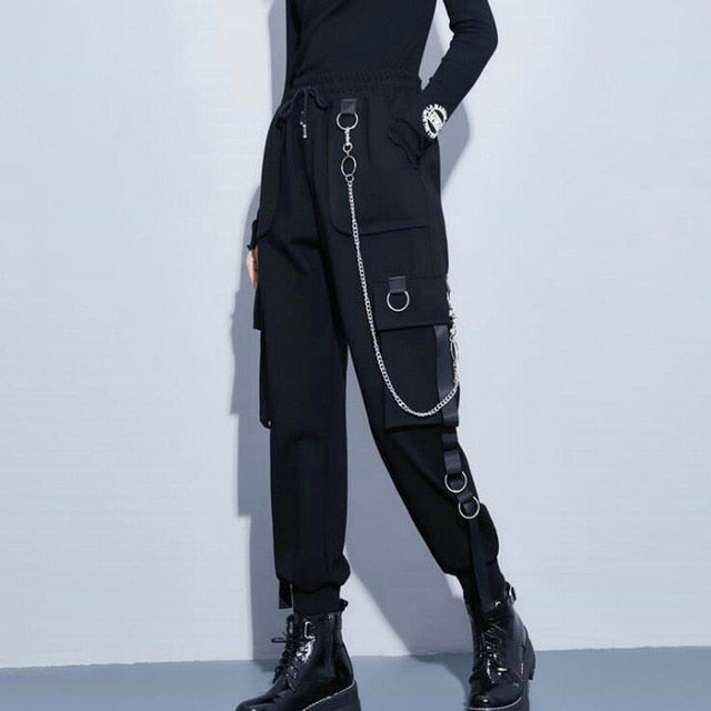 Streetwear Cargo Pants Women Casual Joggers Black High Waist Loose Female Trousers Korean Style Ribbon Ladies Pants