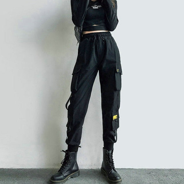 Streetwear Cargo Pants Women Casual Joggers Black High Waist Loose Female Trousers Korean Style Ribbon Ladies Pants