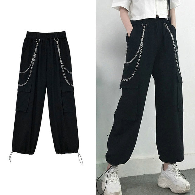 Streetwear Cargo Pants Women Casual Joggers Black High Waist Loose Female Trousers Korean Style Ribbon Ladies Pants