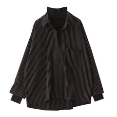 Fake Two Piece Striped Shirt Women Patchwork Knitted Turtleneck  Autumn Winter Long Sleeve Casual Loose Female Blouse Tops