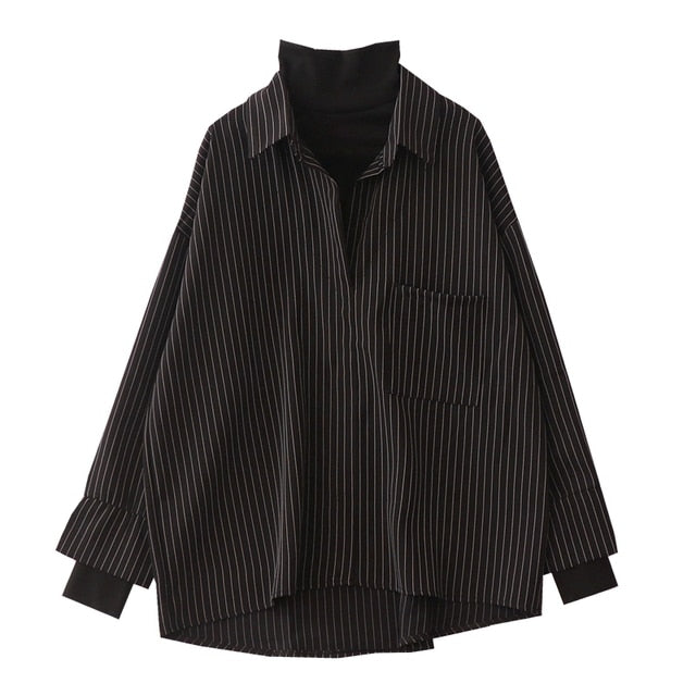 Fake Two Piece Striped Shirt Women Patchwork Knitted Turtleneck  Autumn Winter Long Sleeve Casual Loose Female Blouse Tops