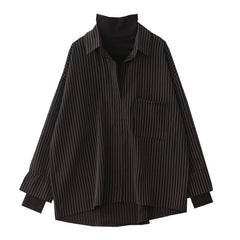 Fake Two Piece Striped Shirt Women Patchwork Knitted Turtleneck  Autumn Winter Long Sleeve Casual Loose Female Blouse Tops