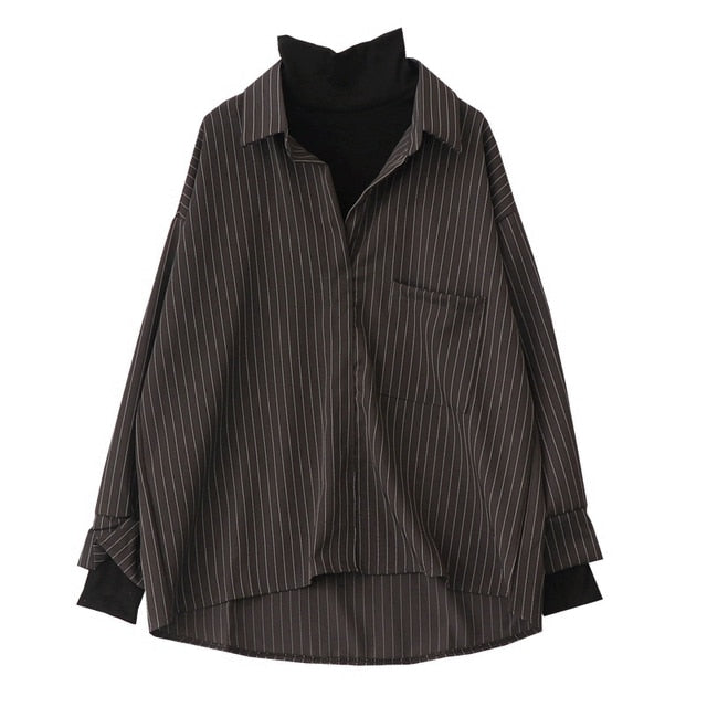 Fake Two Piece Striped Shirt Women Patchwork Knitted Turtleneck  Autumn Winter Long Sleeve Casual Loose Female Blouse Tops