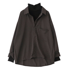 Fake Two Piece Striped Shirt Women Patchwork Knitted Turtleneck  Autumn Winter Long Sleeve Casual Loose Female Blouse Tops