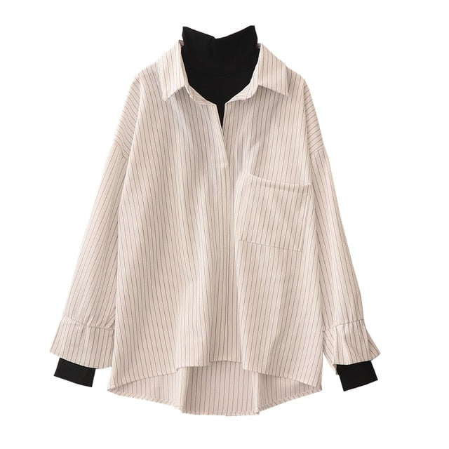 Fake Two Piece Striped Shirt Women Patchwork Knitted Turtleneck  Autumn Winter Long Sleeve Casual Loose Female Blouse Tops