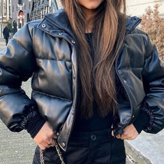 Winter Women's Jacket Thick Warm Short Parkas Women Fashion Black PU Leather Coats Women Elegant Zipper Faux Leather Jackets