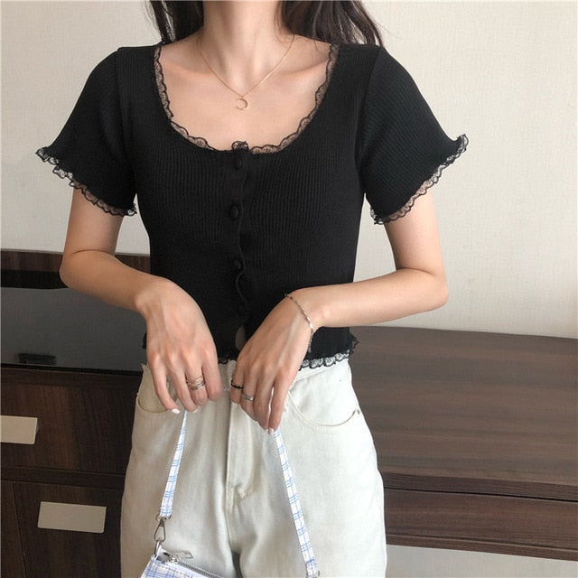 O Neck Ruffles Short Sleeve T Shirt Women Summer Casual Button Crop Top Basic Blue Pink T Shirt Tops