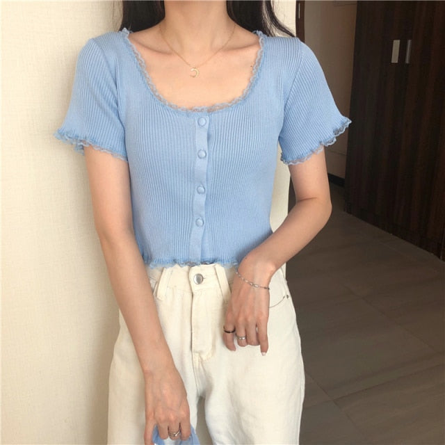 O Neck Ruffles Short Sleeve T Shirt Women Summer Casual Button Crop Top Basic Blue Pink T Shirt Tops
