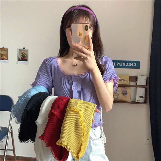 O Neck Ruffles Short Sleeve T Shirt Women Summer Casual Button Crop Top Basic Blue Pink T Shirt Tops