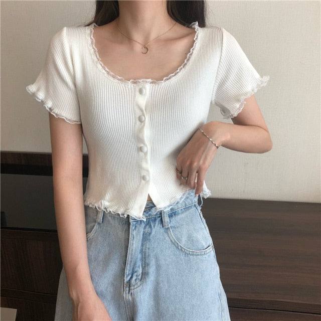 O Neck Ruffles Short Sleeve T Shirt Women Summer Casual Button Crop Top Basic Blue Pink T Shirt Tops