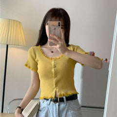 O Neck Ruffles Short Sleeve T Shirt Women Summer Casual Button Crop Top Basic Blue Pink T Shirt Tops