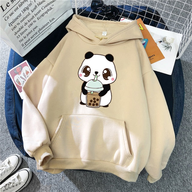 Hoody Little Panda Drinking Milk Tea Print Hoodie Streetwear Cute Winter Clothes Womens Oversized Loose Sweatshirts Women 2021