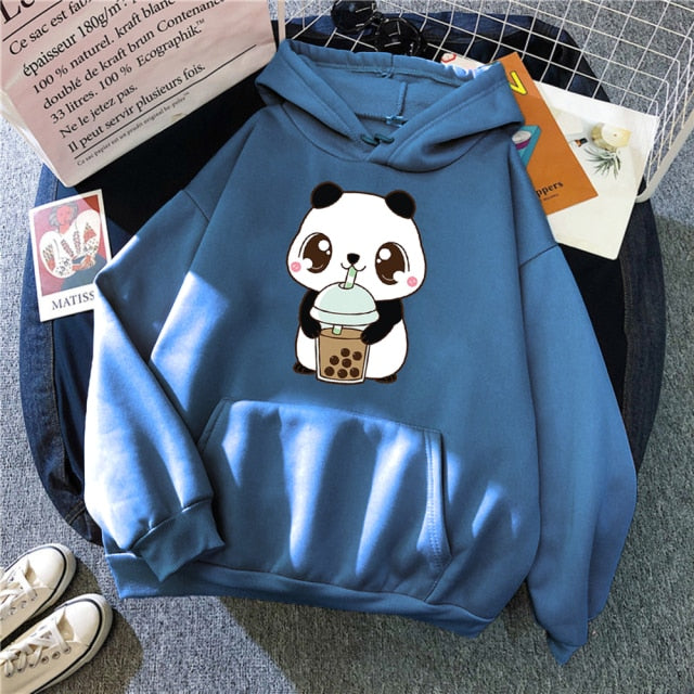 Hoody Little Panda Drinking Milk Tea Print Hoodie Streetwear Cute Winter Clothes Womens Oversized Loose Sweatshirts Women 2021