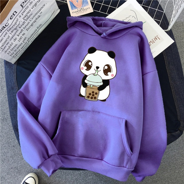 Hoody Little Panda Drinking Milk Tea Print Hoodie Streetwear Cute Winter Clothes Womens Oversized Loose Sweatshirts Women 2021