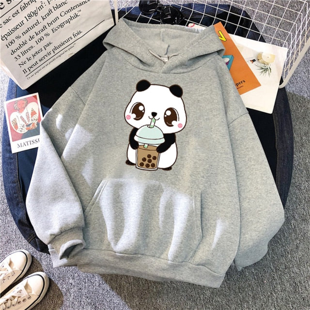 Hoody Little Panda Drinking Milk Tea Print Hoodie Streetwear Cute Winter Clothes Womens Oversized Loose Sweatshirts Women 2021
