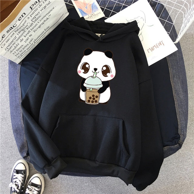 Hoody Little Panda Drinking Milk Tea Print Hoodie Streetwear Cute Winter Clothes Womens Oversized Loose Sweatshirts Women 2021