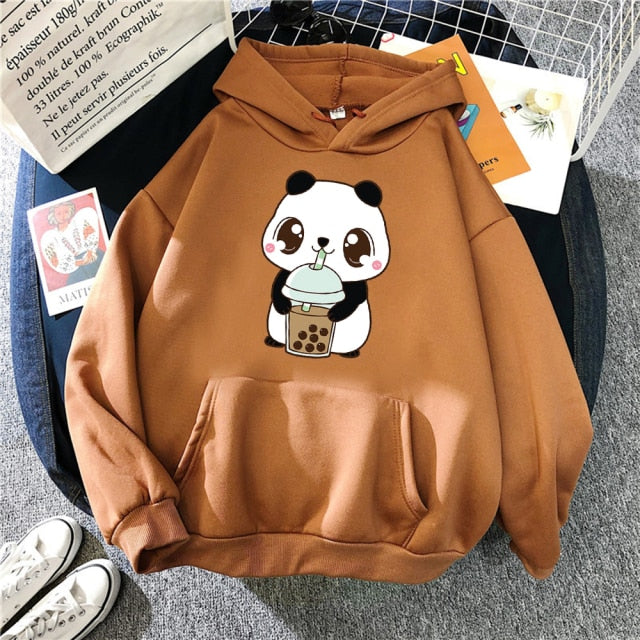 Hoody Little Panda Drinking Milk Tea Print Hoodie Streetwear Cute Winter Clothes Womens Oversized Loose Sweatshirts Women 2021