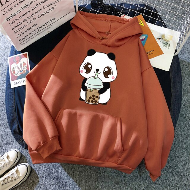 Hoody Little Panda Drinking Milk Tea Print Hoodie Streetwear Cute Winter Clothes Womens Oversized Loose Sweatshirts Women 2021
