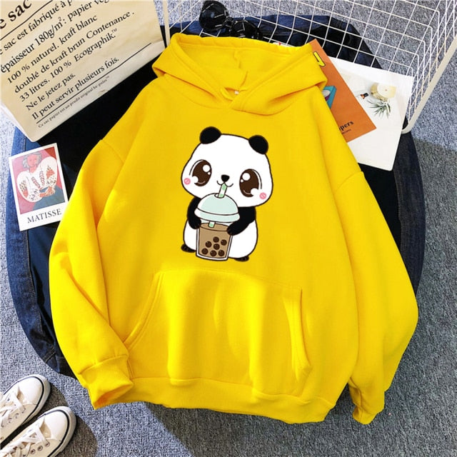 Hoody Little Panda Drinking Milk Tea Print Hoodie Streetwear Cute Winter Clothes Womens Oversized Loose Sweatshirts Women 2021