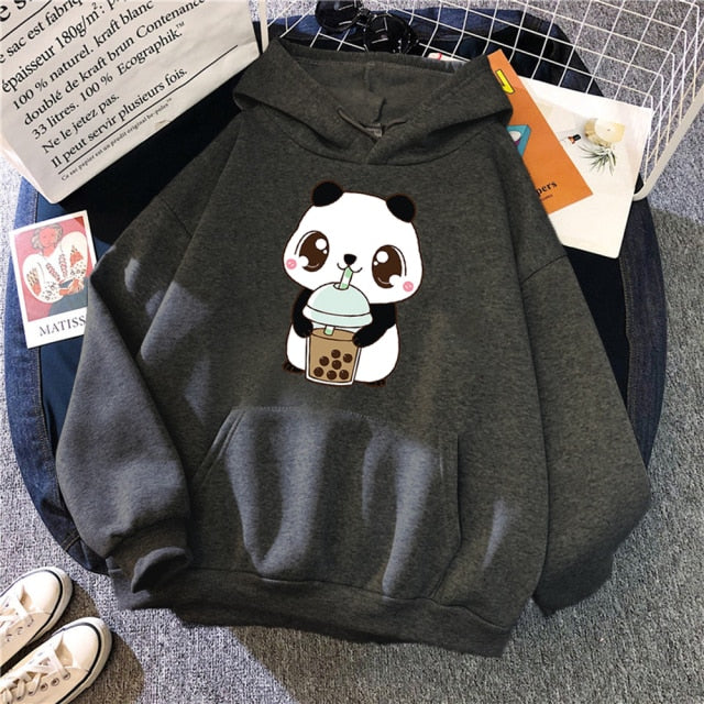 Hoody Little Panda Drinking Milk Tea Print Hoodie Streetwear Cute Winter Clothes Womens Oversized Loose Sweatshirts Women 2021