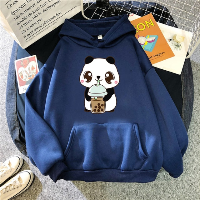 Hoody Little Panda Drinking Milk Tea Print Hoodie Streetwear Cute Winter Clothes Womens Oversized Loose Sweatshirts Women 2021