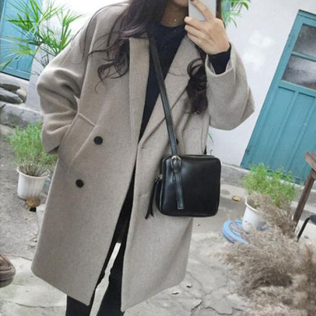 New Thin Wool Blend Coat Women Long Sleeve Turn-down Collar Outwear Jacket Casual Autumn Winter Elegant Overcoat Outwear