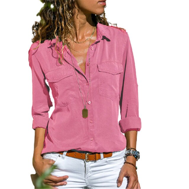 Autumn Woman Pocket Office Blouse Plus Size Lapel Long Sleeve Slim Buttons Shirt Ladies Black Pink Femininas Tops S-5XL