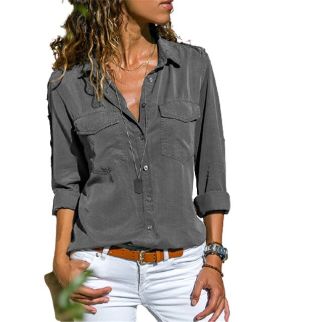 Autumn Woman Pocket Office Blouse Plus Size Lapel Long Sleeve Slim Buttons Shirt Ladies Black Pink Femininas Tops S-5XL