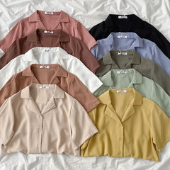 Lizakosht  Casual Basic Short Sleeve Blouse Women V-neck Loose Office Formal Shirt Female Fashion Blue Yellow Cardigan Tops