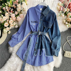 Women's Blouse 2021  Autumn Long Sleeve Shirt Tops Jeans Patchwork Plaid Blouses Elegantes Blusas para mujer Slim Shirt Dress