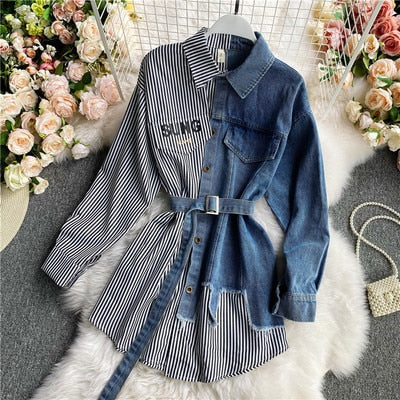 Women's Blouse 2021  Autumn Long Sleeve Shirt Tops Jeans Patchwork Plaid Blouses Elegantes Blusas para mujer Slim Shirt Dress