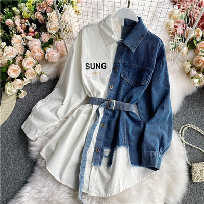 Women's Blouse 2021  Autumn Long Sleeve Shirt Tops Jeans Patchwork Plaid Blouses Elegantes Blusas para mujer Slim Shirt Dress